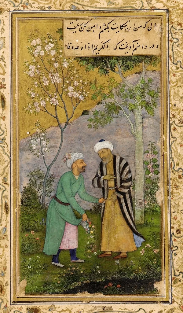 Govardhan. Saadi Meets Frend in a Garden. ca. 1644 Page from Gulistan. Private Collection min
